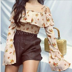 🆕 FLORAL OFF SHOULDER LONG BELL SLEEVE CROP TOP